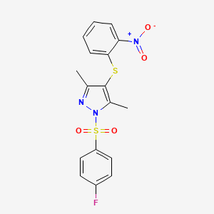 1-(4-Fluorophenyl)sulfonyl-3,5-dimethyl-4-(2-nitrophenyl)sulfanylpyrazole