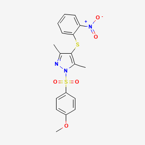 molecular formula C18H17N3O5S2 B3694650 1-[(4-methoxyphenyl)sulfonyl]-3,5-dimethyl-4-[(2-nitrophenyl)thio]-1H-pyrazole 