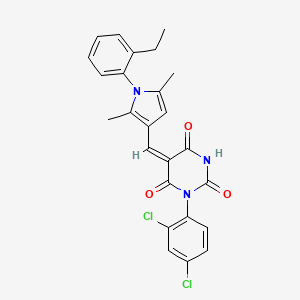 molecular formula C25H21Cl2N3O3 B3699489 (5E)-1-(2,4-dichlorophenyl)-5-{[1-(2-ethylphenyl)-2,5-dimethyl-1H-pyrrol-3-yl]methylidene}pyrimidine-2,4,6(1H,3H,5H)-trione 