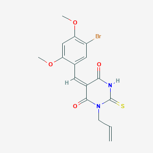 molecular formula C16H15BrN2O4S B3700437 (5E)-5-(5-bromo-2,4-dimethoxybenzylidene)-1-(prop-2-en-1-yl)-2-thioxodihydropyrimidine-4,6(1H,5H)-dione 