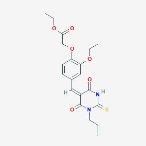 molecular formula C20H22N2O6S B3700666 ethyl (4-{(E)-[4,6-dioxo-1-(prop-2-en-1-yl)-2-thioxotetrahydropyrimidin-5(2H)-ylidene]methyl}-2-ethoxyphenoxy)acetate 