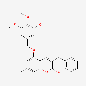 molecular formula C28H28O6 B3701488 3-benzyl-4,7-dimethyl-5-[(3,4,5-trimethoxybenzyl)oxy]-2H-chromen-2-one 