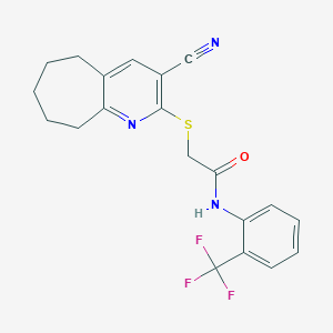 molecular formula C20H18F3N3OS B3701670 2-[(3-cyano-6,7,8,9-tetrahydro-5H-cyclohepta[b]pyridin-2-yl)sulfanyl]-N-[2-(trifluoromethyl)phenyl]acetamide 