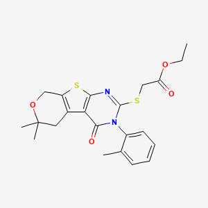 molecular formula C22H24N2O4S2 B3702083 ethyl 2-[[12,12-dimethyl-4-(2-methylphenyl)-3-oxo-11-oxa-8-thia-4,6-diazatricyclo[7.4.0.02,7]trideca-1(9),2(7),5-trien-5-yl]sulfanyl]acetate 