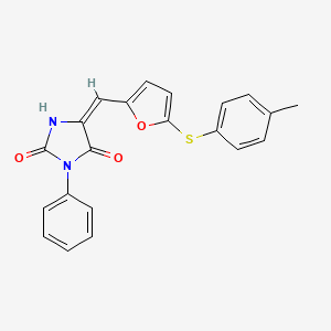 molecular formula C21H16N2O3S B3703909 (5E)-5-[[5-(4-methylphenyl)sulfanylfuran-2-yl]methylidene]-3-phenylimidazolidine-2,4-dione 