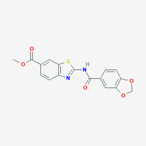 molecular formula C17H12N2O5S B370409 Methyl 2-[(1,3-benzodioxol-5-ylcarbonyl)amino]-1,3-benzothiazole-6-carboxylate CAS No. 905809-68-9