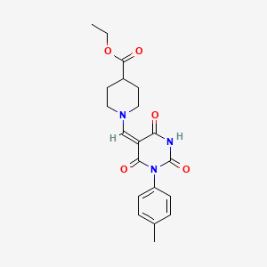 molecular formula C20H23N3O5 B3704103 ethyl 1-[(E)-[1-(4-methylphenyl)-2,4,6-trioxo-1,3-diazinan-5-ylidene]methyl]piperidine-4-carboxylate 