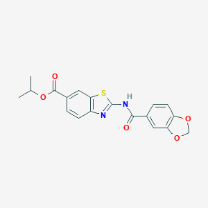 molecular formula C19H16N2O5S B370411 Isopropyl 2-[(1,3-benzodioxol-5-ylcarbonyl)amino]-1,3-benzothiazole-6-carboxylate CAS No. 921076-32-6