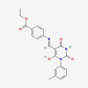 molecular formula C21H19N3O5 B3704491 ethyl 4-({[1-(3-methylphenyl)-2,4,6-trioxotetrahydro-5(2H)-pyrimidinylidene]methyl}amino)benzoate 