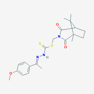 molecular formula C21H27N3O3S2 B370777 (1,8,8-Trimethyl-2,4-dioxo-3-azabicyclo[3.2.1]oct-3-yl)methyl 2-[1-(4-methoxyphenyl)ethylidene]hydrazinecarbodithioate 