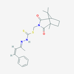 molecular formula C22H27N3O2S2 B370784 (1,8,8-Trimethyl-2,4-dioxo-3-azabicyclo[3.2.1]oct-3-yl)methyl 2-(1-methyl-3-phenyl-2-propenylidene)hydrazinecarbodithioate 