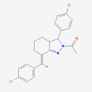 molecular formula C22H20Cl2N2O B370853 1-[(7E)-7-(4-chlorobenzylidene)-3-(4-chlorophenyl)-3,3a,4,5,6,7-hexahydro-2H-indazol-2-yl]ethanone 