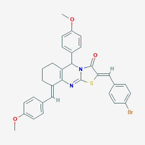 molecular formula C32H27BrN2O3S B370870 2-(4-bromobenzylidene)-9-(4-methoxybenzylidene)-5-(4-methoxyphenyl)-6,7,8,9-tetrahydro-5H-[1,3]thiazolo[2,3-b]quinazolin-3(2H)-one 