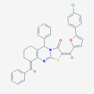 molecular formula C34H25ClN2O2S B370875 9-benzylidene-2-{[5-(4-chlorophenyl)-2-furyl]methylene}-5-phenyl-6,7,8,9-tetrahydro-5H-[1,3]thiazolo[2,3-b]quinazolin-3(2H)-one 