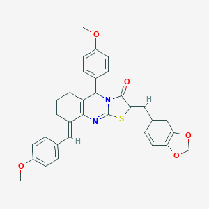 molecular formula C33H28N2O5S B370878 2-(1,3-benzodioxol-5-ylmethylene)-9-(4-methoxybenzylidene)-5-(4-methoxyphenyl)-6,7,8,9-tetrahydro-5H-[1,3]thiazolo[2,3-b]quinazolin-3(2H)-one 