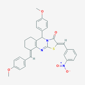 molecular formula C32H27N3O5S B370879 2-{3-nitrobenzylidene}-9-(4-methoxybenzylidene)-5-(4-methoxyphenyl)-6,7,8,9-tetrahydro-5H-[1,3]thiazolo[2,3-b]quinazolin-3(2H)-one 