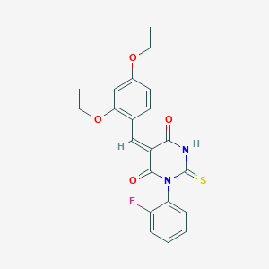 molecular formula C21H19FN2O4S B3708915 (5E)-5-[(2,4-diethoxyphenyl)methylidene]-1-(2-fluorophenyl)-2-sulfanylidene-1,3-diazinane-4,6-dione 