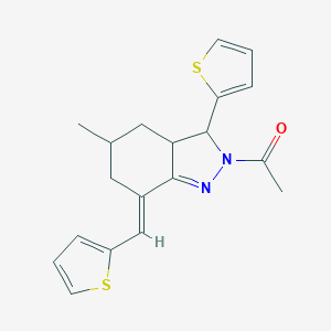 molecular formula C19H20N2OS2 B371033 2-acetyl-5-methyl-3-(2-thienyl)-7-(2-thienylmethylene)-3,3a,4,5,6,7-hexahydro-2H-indazole 