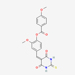 molecular formula C20H16N2O6S B3710446 4-[(4,6-dioxo-2-thioxotetrahydro-5(2H)-pyrimidinylidene)methyl]-2-methoxyphenyl 4-methoxybenzoate 