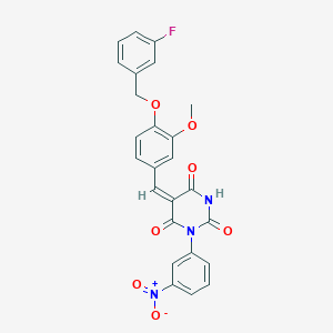 molecular formula C25H18FN3O7 B3710521 (5E)-5-[[4-[(3-fluorophenyl)methoxy]-3-methoxyphenyl]methylidene]-1-(3-nitrophenyl)-1,3-diazinane-2,4,6-trione 