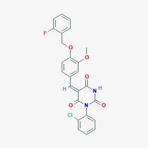 molecular formula C25H18ClFN2O5 B3711134 (5E)-1-(2-chlorophenyl)-5-[[4-[(2-fluorophenyl)methoxy]-3-methoxyphenyl]methylidene]-1,3-diazinane-2,4,6-trione 