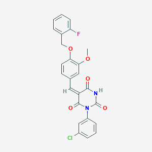 molecular formula C25H18ClFN2O5 B3711137 (5E)-1-(3-chlorophenyl)-5-[[4-[(2-fluorophenyl)methoxy]-3-methoxyphenyl]methylidene]-1,3-diazinane-2,4,6-trione 