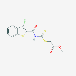 molecular formula C14H12ClNO3S3 B371212 Ethyl [({[(3-chloro-1-benzothien-2-yl)carbonyl]amino}carbothioyl)sulfanyl]acetate 