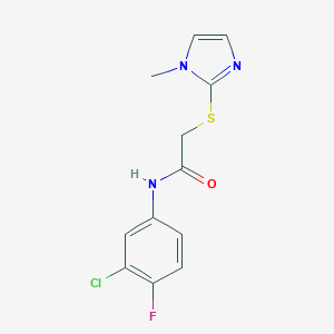 molecular formula C12H11ClFN3OS B371367 N-(3-chloro-4-fluorophenyl)-2-[(1-methyl-1H-imidazol-2-yl)sulfanyl]acetamide CAS No. 298215-33-5