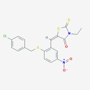 molecular formula C19H15ClN2O3S3 B371424 5-{2-[(4-Chlorobenzyl)sulfanyl]-5-nitrobenzylidene}-3-ethyl-2-thioxo-1,3-thiazolidin-4-one CAS No. 301193-96-4