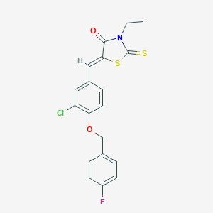 molecular formula C19H15ClFNO2S2 B371426 5-{3-Chloro-4-[(4-fluorobenzyl)oxy]benzylidene}-3-ethyl-2-thioxo-1,3-thiazolidin-4-one 