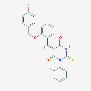 (5E)-1-(2-fluorophenyl)-5-[[2-[(4-fluorophenyl)methoxy]phenyl]methylidene]-2-sulfanylidene-1,3-diazinane-4,6-dione