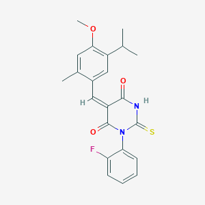 molecular formula C22H21FN2O3S B3714704 (5E)-1-(2-Fluorophenyl)-5-{[4-methoxy-2-methyl-5-(propan-2-YL)phenyl]methylidene}-2-sulfanylidene-1,3-diazinane-4,6-dione 