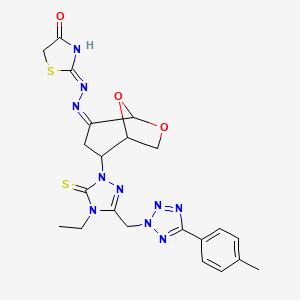 1,3-thiazolidine-2,4-dione 2-{[2-(4-ethyl-3-{[5-(4-methylphenyl)-2H-tetrazol-2-yl]methyl}-5-thioxo-4,5-dihydro-1H-1,2,4-triazol-1-yl)-6,8-dioxabicyclo[3.2.1]oct-4-ylidene]hydrazone}