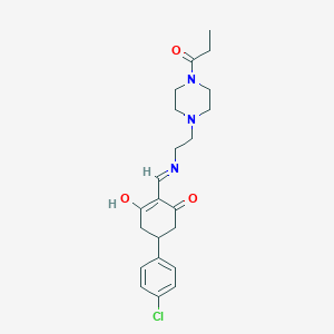 molecular formula C22H28ClN3O3 B3720171 5-(4-chlorophenyl)-2-({[2-(4-propionyl-1-piperazinyl)ethyl]amino}methylene)-1,3-cyclohexanedione 