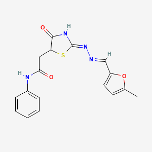 molecular formula C17H16N4O3S B3720330 2-(4-hydroxy-2-{[(5-methyl-2-furyl)methylene]hydrazono}-2,5-dihydro-1,3-thiazol-5-yl)-N-phenylacetamide 