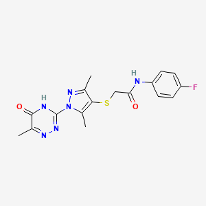 molecular formula C17H17FN6O2S B3720429 2-{[3,5-dimethyl-1-(6-methyl-5-oxo-4,5-dihydro-1,2,4-triazin-3-yl)-1H-pyrazol-4-yl]thio}-N-(4-fluorophenyl)acetamide 
