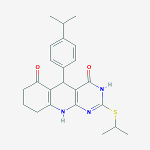 molecular formula C23H27N3O2S B3721569 5-(4-isopropylphenyl)-2-(isopropylthio)-5,8,9,10-tetrahydropyrimido[4,5-b]quinoline-4,6(3H,7H)-dione 