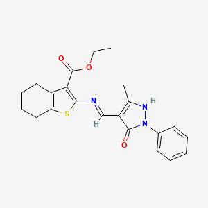 molecular formula C22H23N3O3S B3723520 ethyl 2-{[(3-methyl-5-oxo-1-phenyl-1,5-dihydro-4H-pyrazol-4-ylidene)methyl]amino}-4,5,6,7-tetrahydro-1-benzothiophene-3-carboxylate 