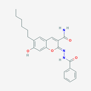 2-(benzoylhydrazono)-6-hexyl-7-hydroxy-2H-chromene-3-carboxamide