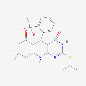 molecular formula C23H24F3N3O2S B3725051 2-(isopropylthio)-8,8-dimethyl-5-[2-(trifluoromethyl)phenyl]-5,8,9,10-tetrahydropyrimido[4,5-b]quinoline-4,6(3H,7H)-dione 