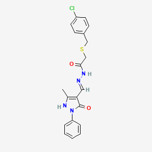 molecular formula C20H19ClN4O2S B3725425 2-[(4-chlorobenzyl)thio]-N'-[(5-hydroxy-3-methyl-1-phenyl-1H-pyrazol-4-yl)methylene]acetohydrazide 