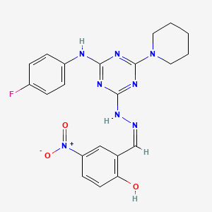 molecular formula C21H21FN8O3 B3726320 2-hydroxy-5-nitrobenzaldehyde [4-[(4-fluorophenyl)amino]-6-(1-piperidinyl)-1,3,5-triazin-2-yl]hydrazone 