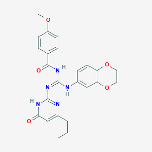 molecular formula C24H25N5O5 B3727356 N-{(2,3-dihydro-1,4-benzodioxin-6-ylamino)[(6-oxo-4-propyl-1,6-dihydro-2-pyrimidinyl)amino]methylene}-4-methoxybenzamide 