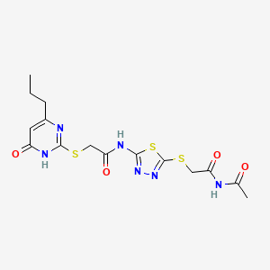 molecular formula C15H18N6O4S3 B3727405 N-(5-{[2-(acetylamino)-2-oxoethyl]thio}-1,3,4-thiadiazol-2-yl)-2-[(4-hydroxy-6-propyl-2-pyrimidinyl)thio]acetamide 
