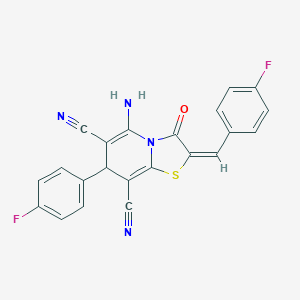 molecular formula C22H12F2N4OS B372915 5-amino-2-(4-fluorobenzylidene)-7-(4-fluorophenyl)-3-oxo-2,3-dihydro-7H-[1,3]thiazolo[3,2-a]pyridine-6,8-dicarbonitrile 