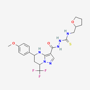 molecular formula C21H25F3N6O3S B3729221 2-{[5-(4-methoxyphenyl)-7-(trifluoromethyl)-4,5,6,7-tetrahydropyrazolo[1,5-a]pyrimidin-3-yl]carbonyl}-N-(tetrahydro-2-furanylmethyl)hydrazinecarbothioamide 