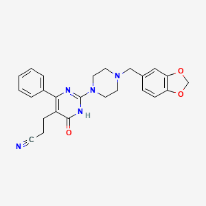 3-{2-[4-(1,3-benzodioxol-5-ylmethyl)-1-piperazinyl]-6-oxo-4-phenyl-1,6-dihydro-5-pyrimidinyl}propanenitrile
