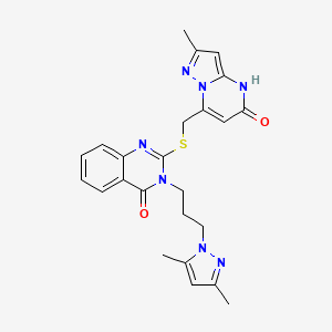 molecular formula C24H25N7O2S B3731129 3-[3-(3,5-dimethyl-1H-pyrazol-1-yl)propyl]-2-{[(2-methyl-5-oxo-4,5-dihydropyrazolo[1,5-a]pyrimidin-7-yl)methyl]thio}-4(3H)-quinazolinone 