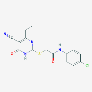 molecular formula C16H15ClN4O2S B3733988 N-(4-chlorophenyl)-2-[(5-cyano-4-ethyl-6-oxo-1,6-dihydro-2-pyrimidinyl)thio]propanamide 