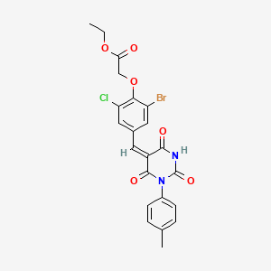 molecular formula C22H18BrClN2O6 B3740217 ethyl (2-bromo-6-chloro-4-{[1-(4-methylphenyl)-2,4,6-trioxotetrahydro-5(2H)-pyrimidinylidene]methyl}phenoxy)acetate 